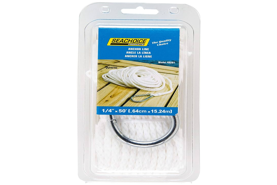 Seachoice Anchor Line Rope, Hollow Braid, Polypropylene 1/4 in, White with Spring Hook